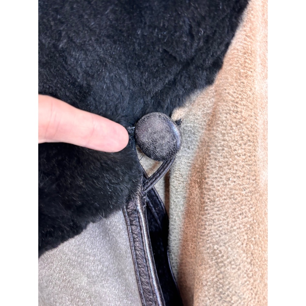 Vintage 80s Suede Leather Patchwork Jacket Fur Collar Geometric Art Earth L‎ OOK - Picture 9 of 15